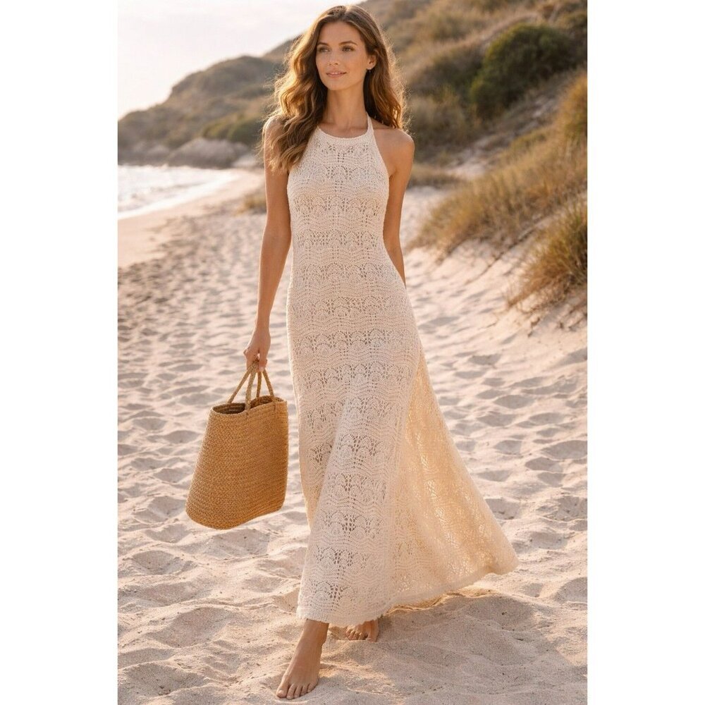 Miou Muse Abigale Crochet Maxi Dress Cream Boho Knit APIARI Size Large